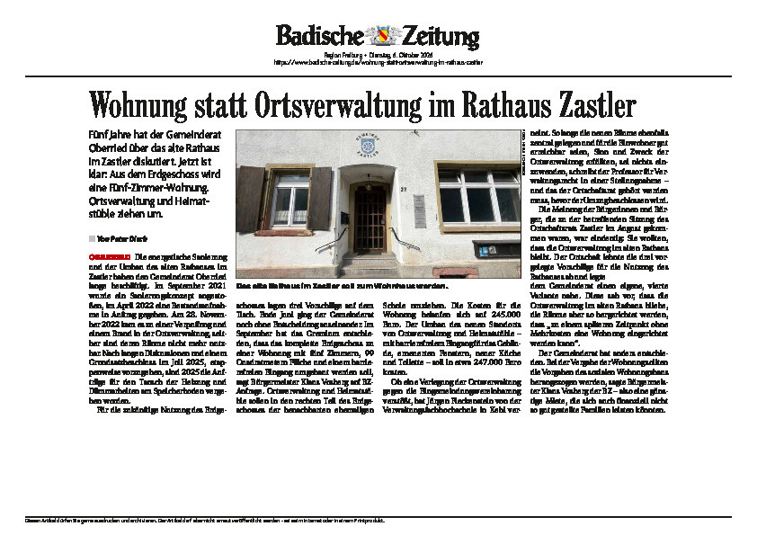 Arrtikel der Badischen Zeitung vom 06.10.2026 Arrtikel der Badischen Zeitung vom 06.10.2026